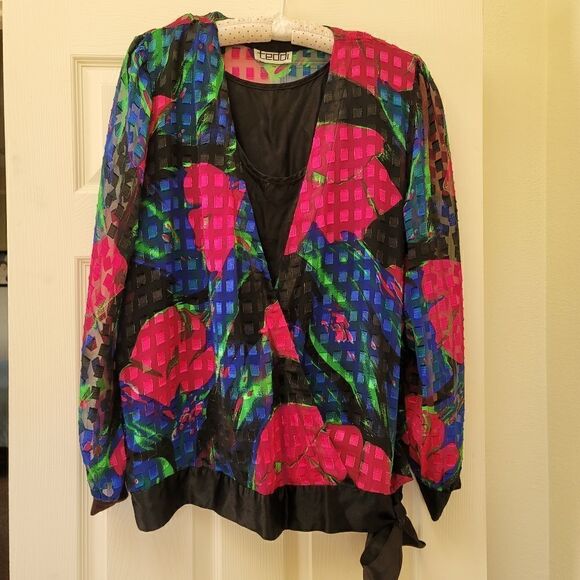 Teddi womens plus size 2x vintage 80's floral poppy bright neon black geometric - Picture 1 of 7